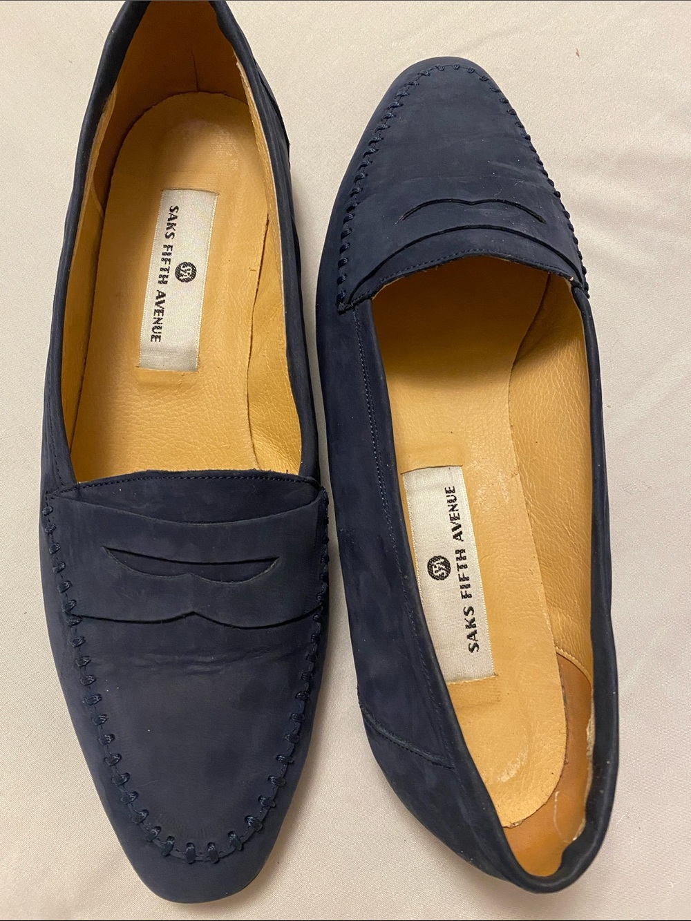 Saks Fifth Avenue Navy Suede Penny Loafers. 10